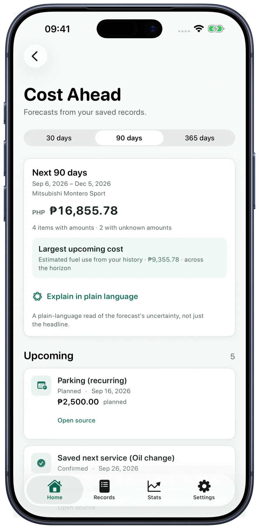 Fillo screenshot in an Apple iPhone frame: the Cost Ahead screen listing upcoming costs for the next 30, 90, and 365 days.