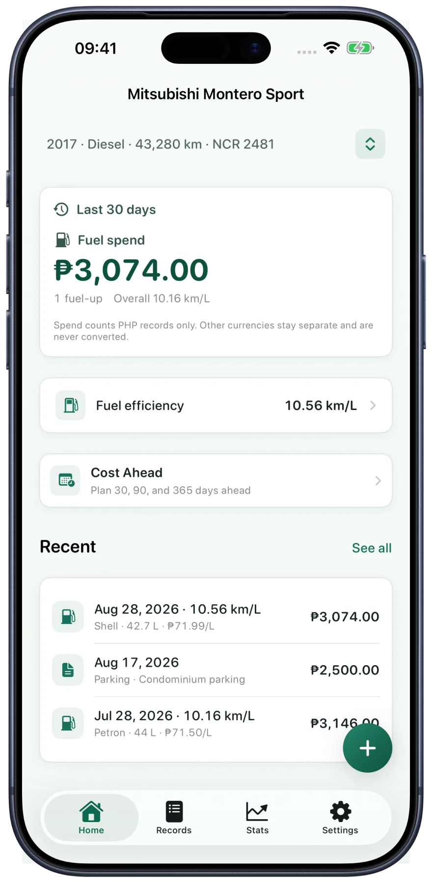 Fillo screenshot in an Apple iPhone frame: the Home dashboard showing a car’s running cost, recent fuel-ups, and upcoming reminders, with Philippine peso amounts.