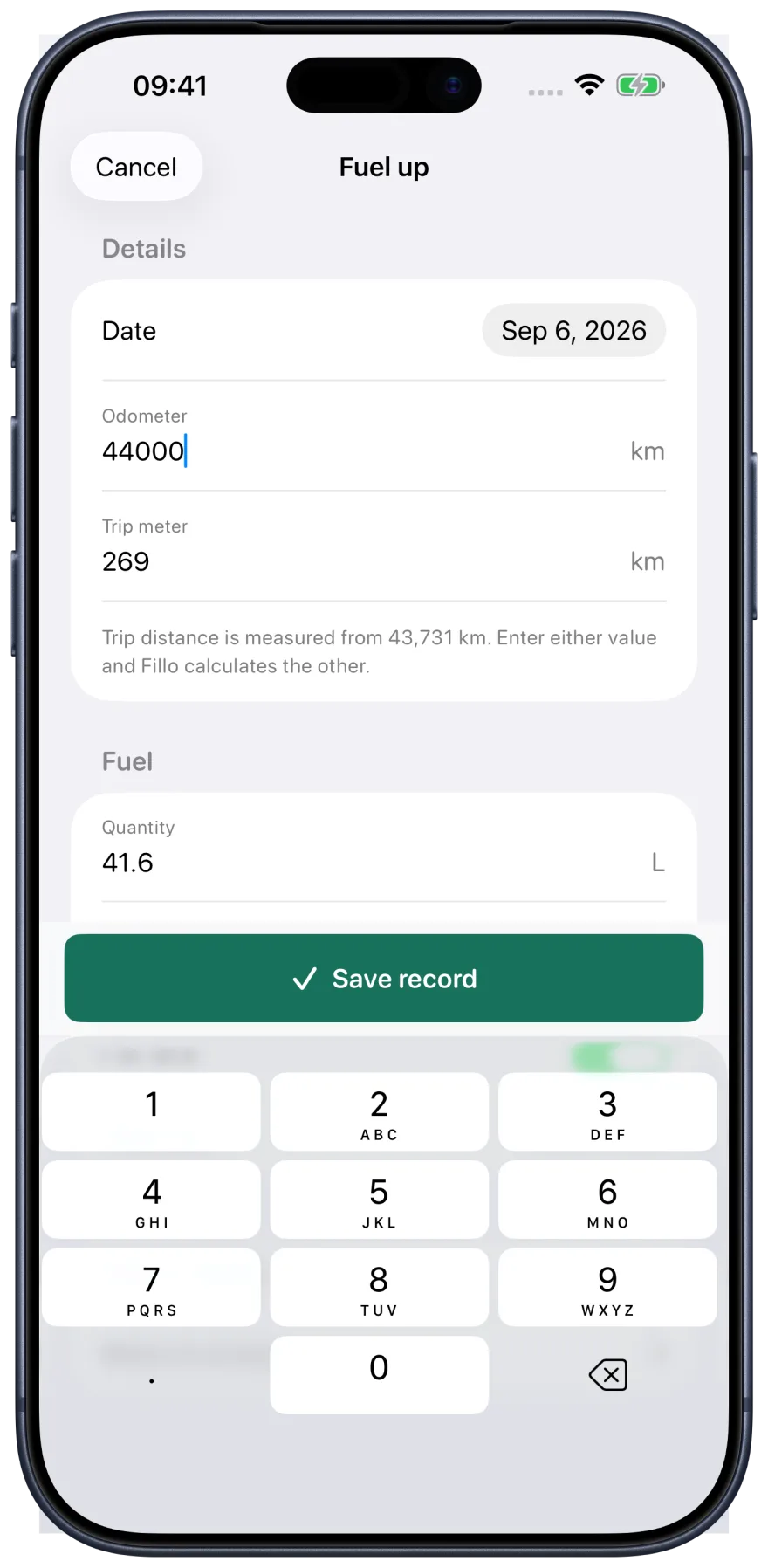Fillo fuel-up entry form in an Apple iPhone frame, with odometer, quantity, unit price, and total cost fields.