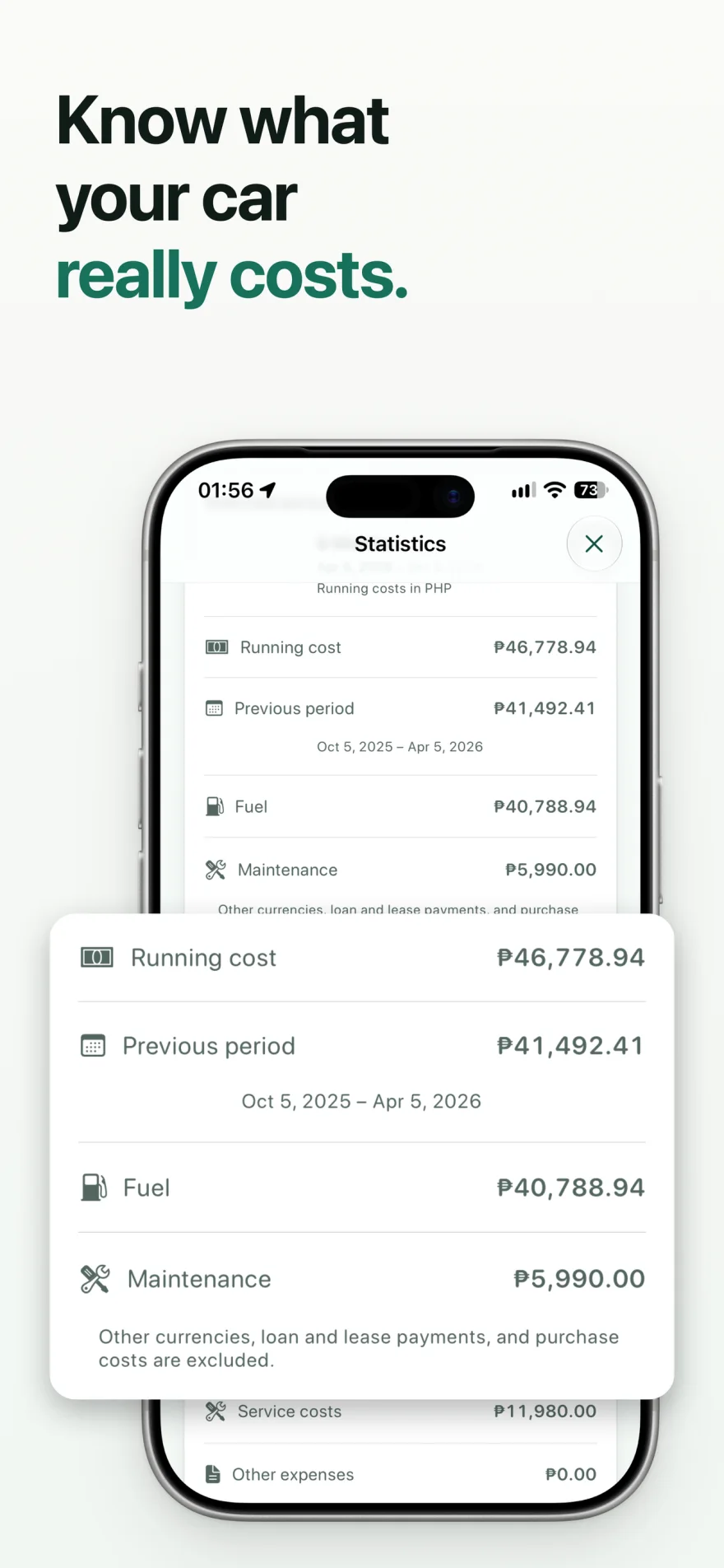 Fillo Statistics with running cost, previous period, fuel, and maintenance totals.