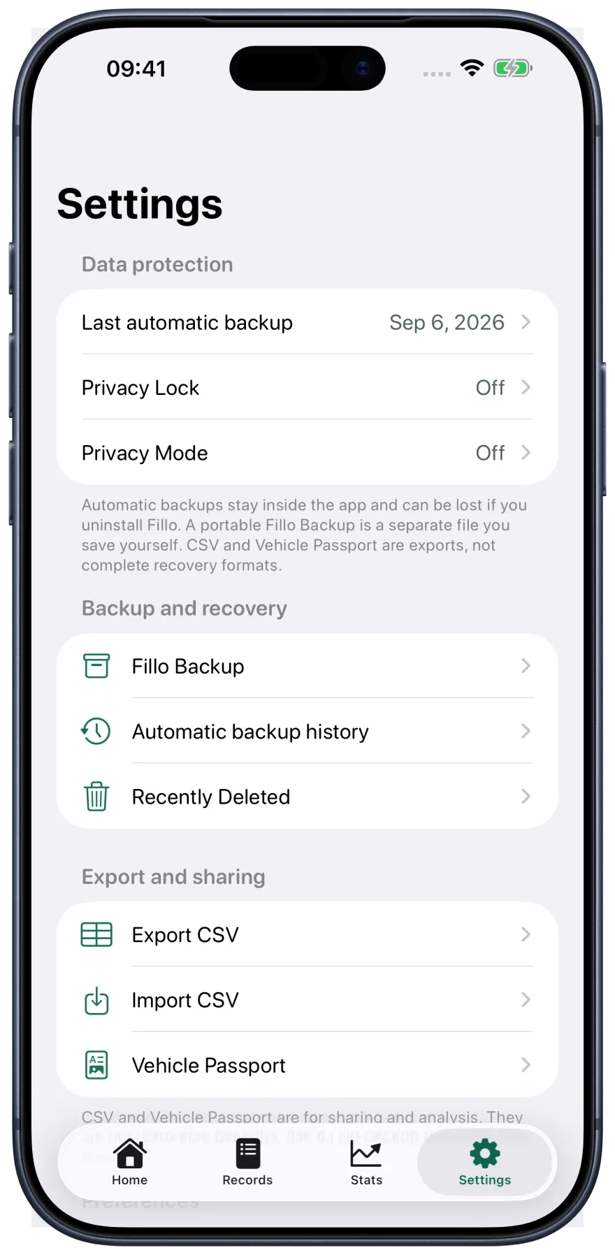 Fillo backup screen in an Apple iPhone frame, showing a backup being saved to Files.