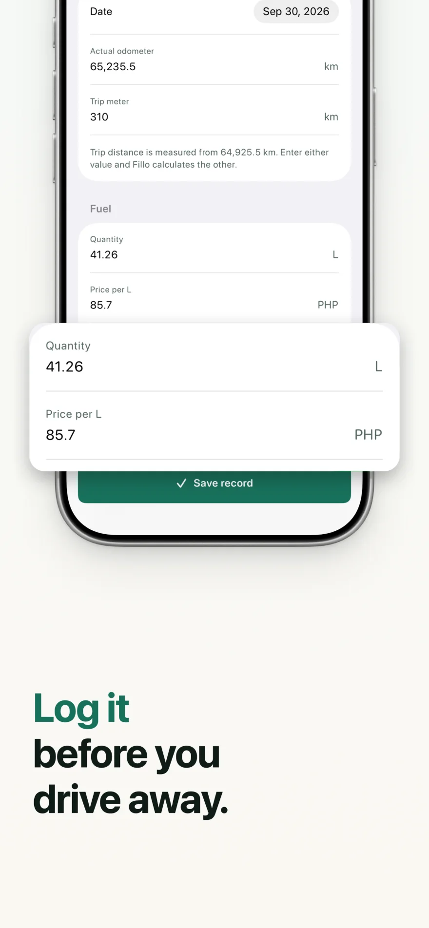 Fillo fuel entry with odometer, trip distance, quantity, and unit price.