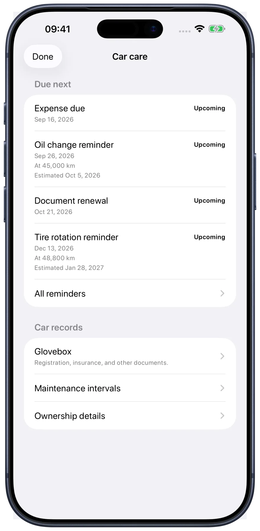 Fillo reminders screen in an Apple iPhone frame, showing date-based and odometer-based service reminders.